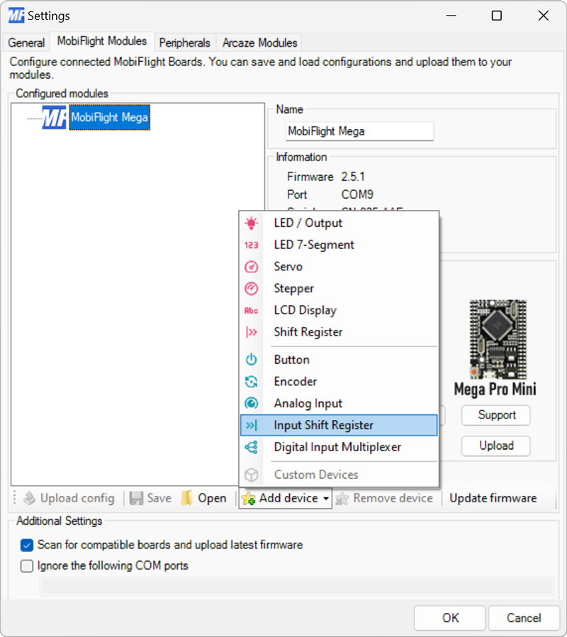 Screenshot of the menu open with the Input Shift Register item highlighted.