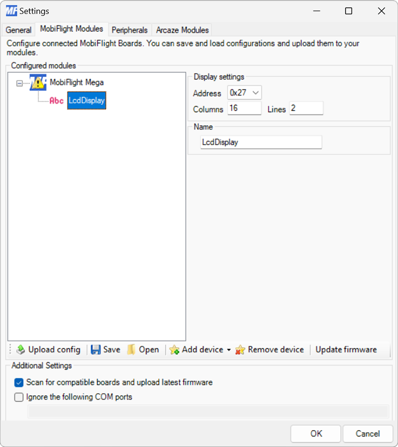 Screenshot of the settings for an LCD, with address 0x27, 16 columns, and two lines.