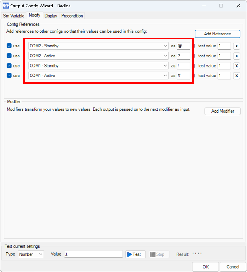 Screenshot of the output tab in the main window with four output configurations defined for COM1 and COM2 active and standby configurations.