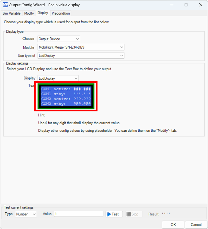 Screenshot of the display tab in the output dialog with the Text field filled with COM1 active: ###.###, COM1 stby: !!!.!!!, COM2 active: ???.???, COM2 stby: @@@.@@@.