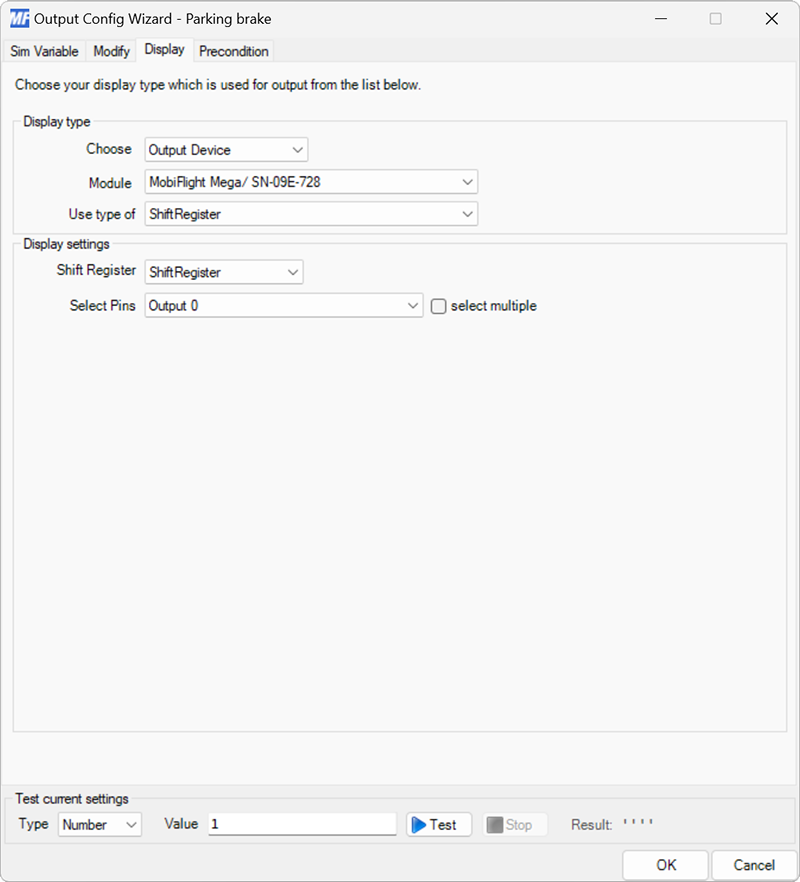 Screenshot of the Display tab with the ShiftRegister output type selected for a single output.