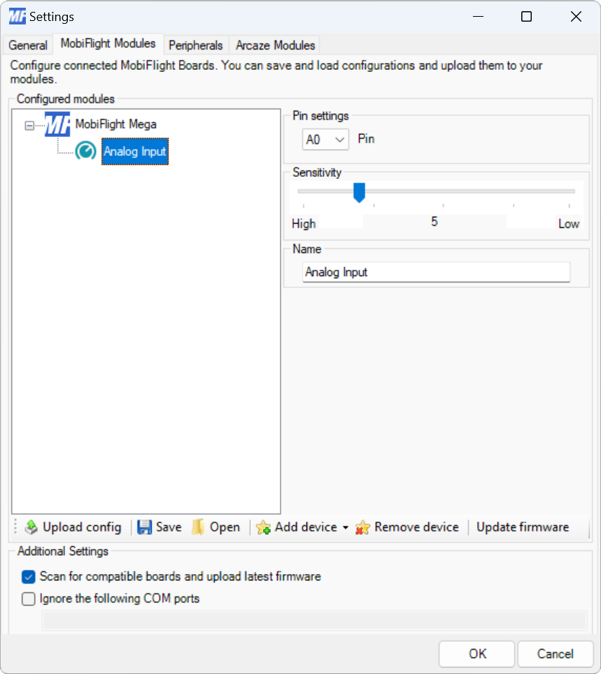 Screenshot of the Modules dialog with the analog input configuration showing.