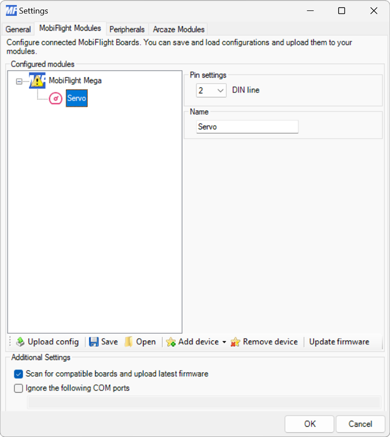 Screenshot of the settings for a servo, with pin 2 selected and Servo as the name.