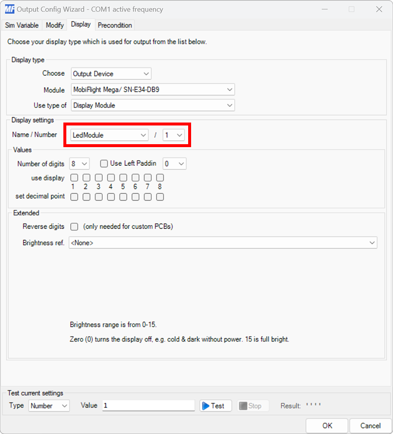 Screenshot of the display tab in the output dialog with LedModule and 1 selected in the Name / Number dropdowns.