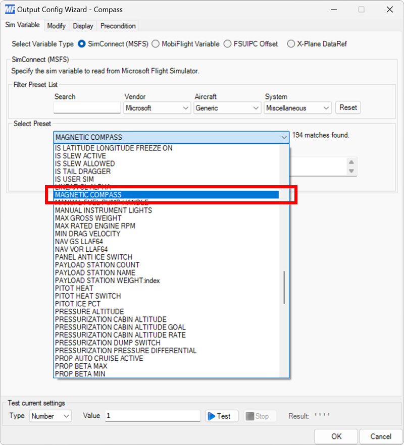 Screenshot of the sim variable tab in the output dialog with the MAGNETIC COMPASS preset selected.