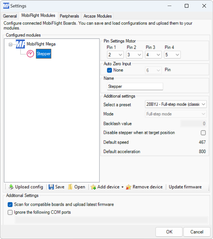 Screenshot of the Modules dialog with the stepper motor configuration showing.