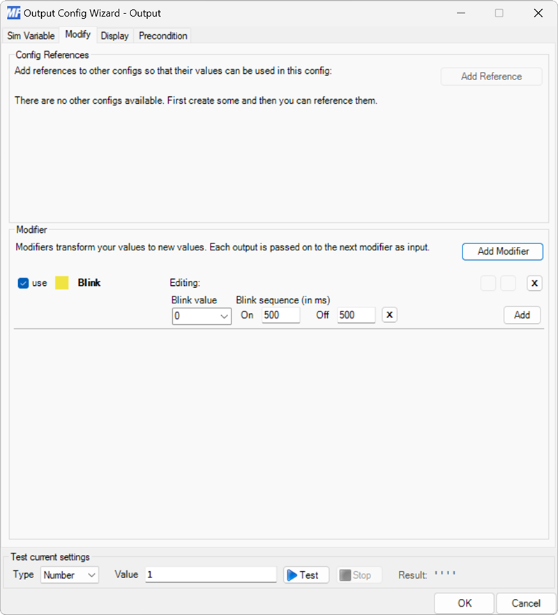 Screenshot of an output configuration with the Modify tab selected and a blink modifier in edit mode.
