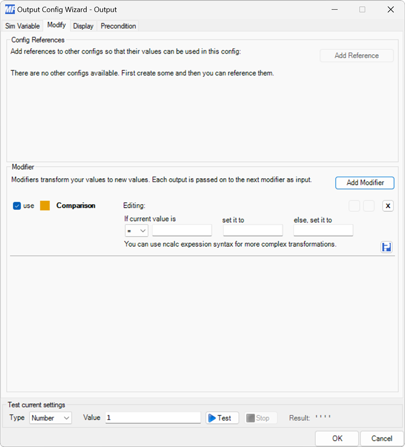 Screenshot of an output configuration with the Modify tab selected and a compare modifier in edit mode.