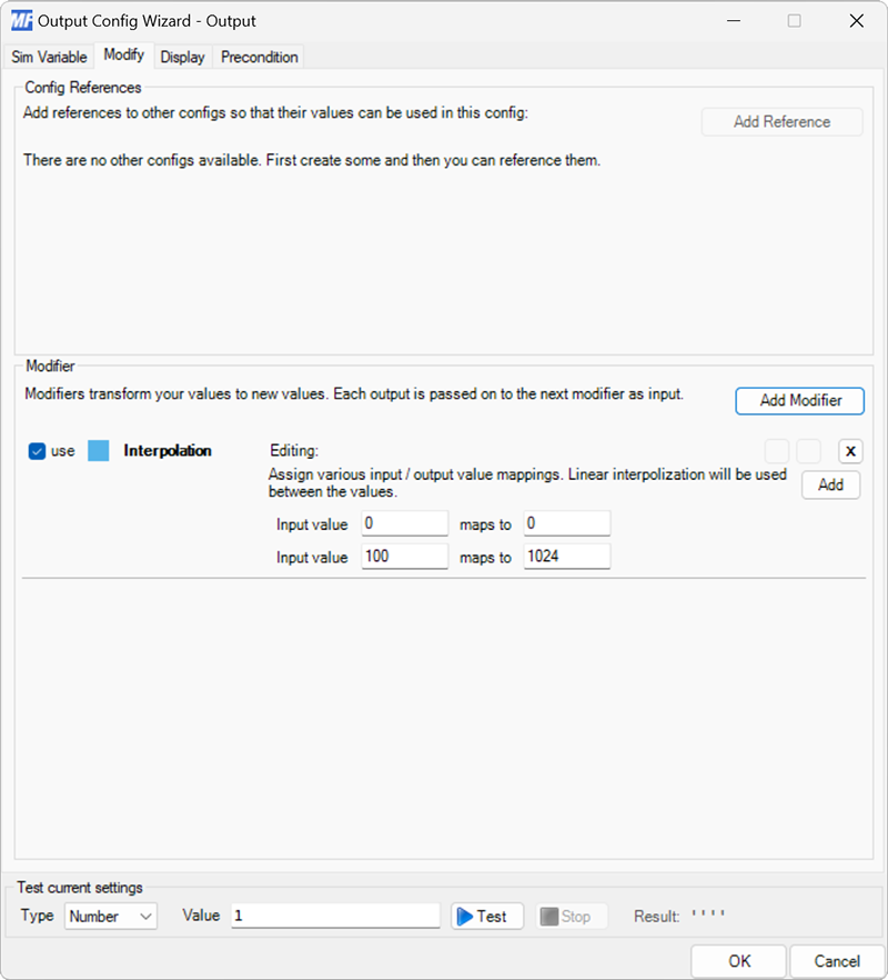 Screenshot of an output configuration with the Modify tab selected and an interpolation modifier in edit mode.