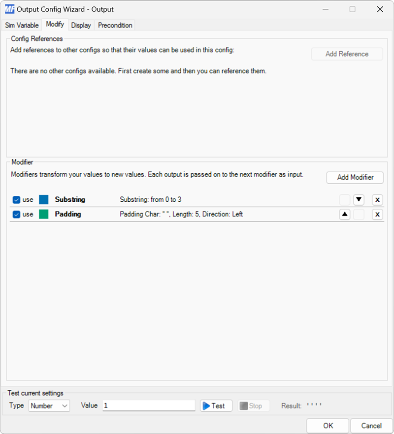 Screenshot of an output configuration with the Modify tab selected, and the substring and padding modifiers added.