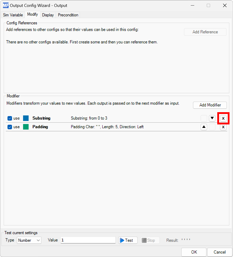 Screenshot of an output configuration with the Modify tab selected, and the substring and padding modifiers added. The X button for the Substring modifier is highlighted.