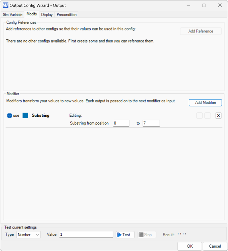 Screenshot of an output configuration with the Modify tab selected and a substring modifier in edit mode.