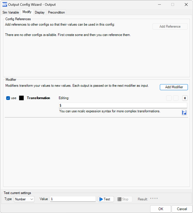 Screenshot of an output configuration with the Modify tab selected and a transform modifier in edit mode.