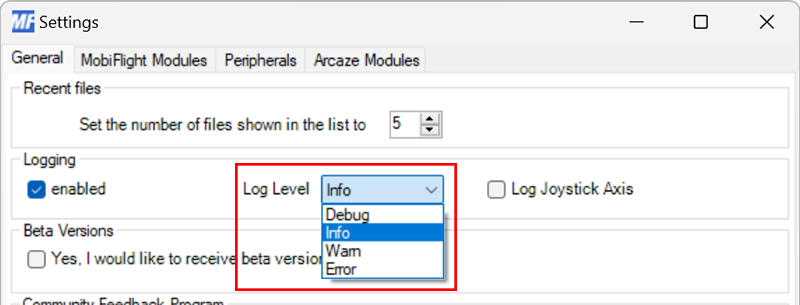 Screenshot of the Settings dialog with the Log Level dropdown open and Info selected.