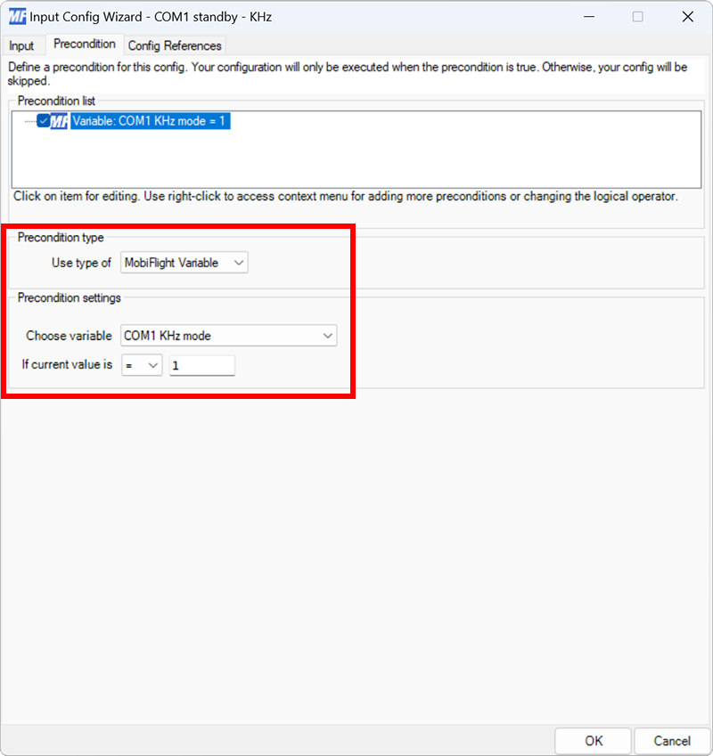 Screenshot of the precondition tab with the COM1 KHz mode variable selected and the precondition set to = 1.