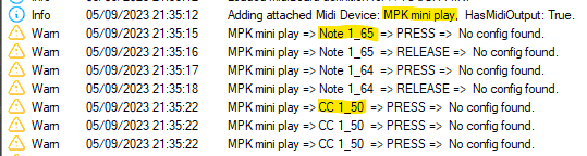 Screenshot of the MobiFlight main window with logging enabled. The MPK mini play, Note 1_65, and CC 1_50 log entries are highlighted.