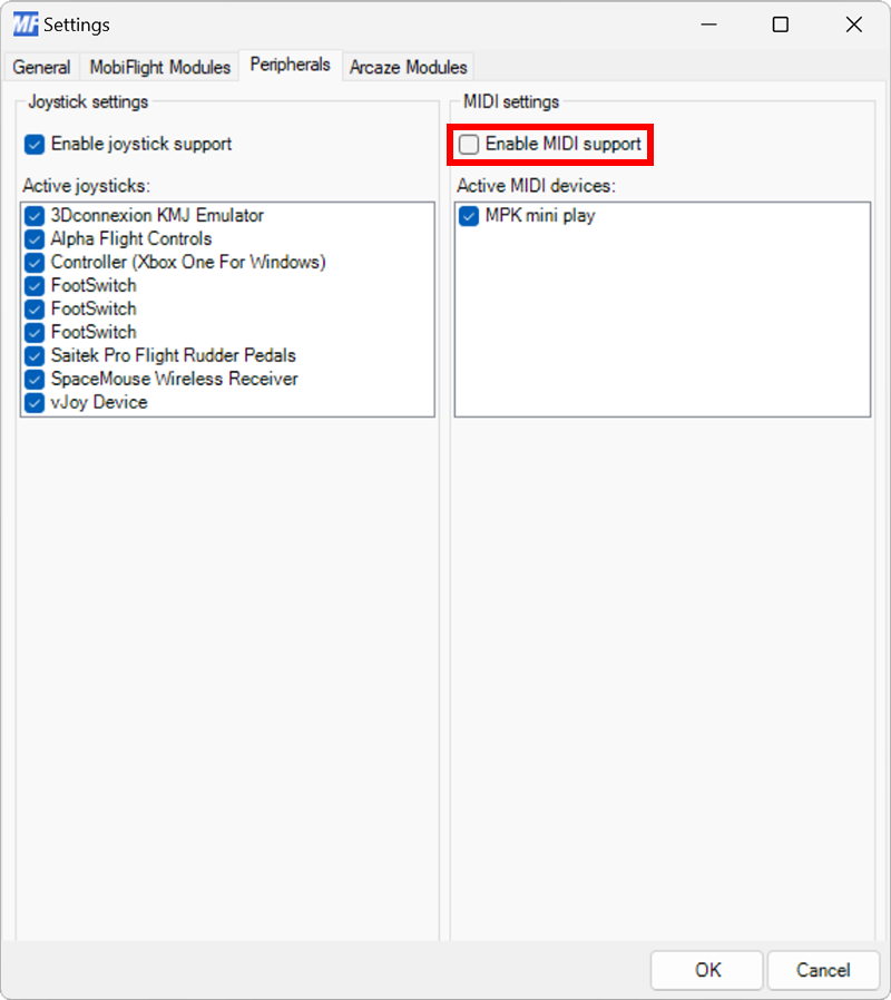 Screenshot of the Peripherals tab in Settings with Enable MIDI support unchecked.
